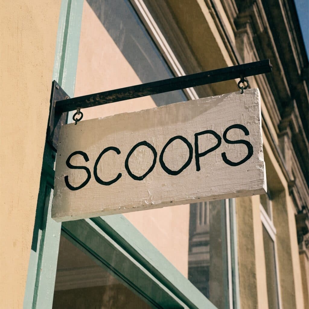 hand-painted SCOOPS shop sign generated with Recraft 4.1 in Made