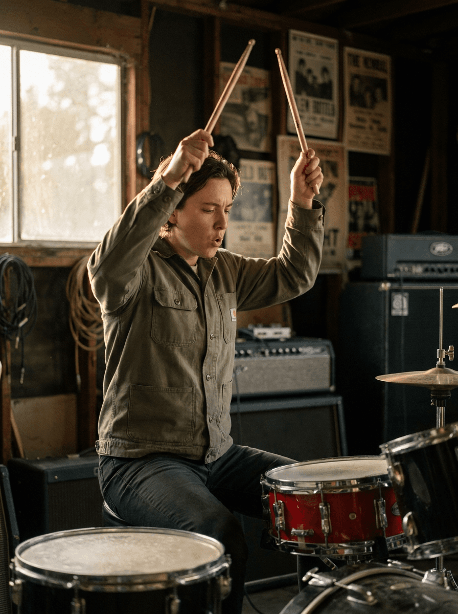Drummer behind a kit with sticks raised, a still supplied to Seedance 1.5 Pro as a start frame