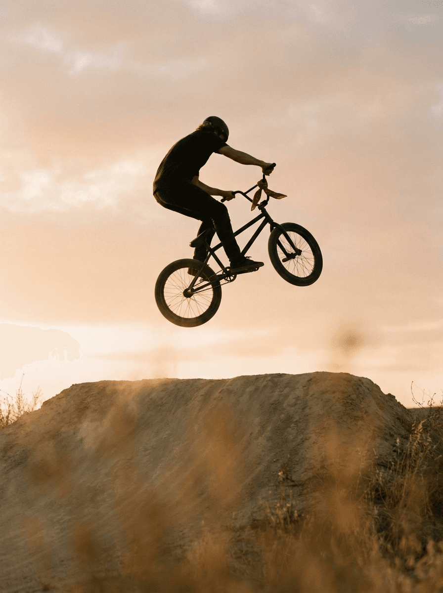 BMX rider silhouetted against a peach sky, a still supplied to Seedance 2.0 Fast as a start frame