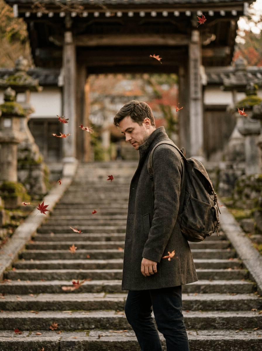Autumn leaves on a Kyoto temple stairway, a Seedance 2.0 Fast scene brief