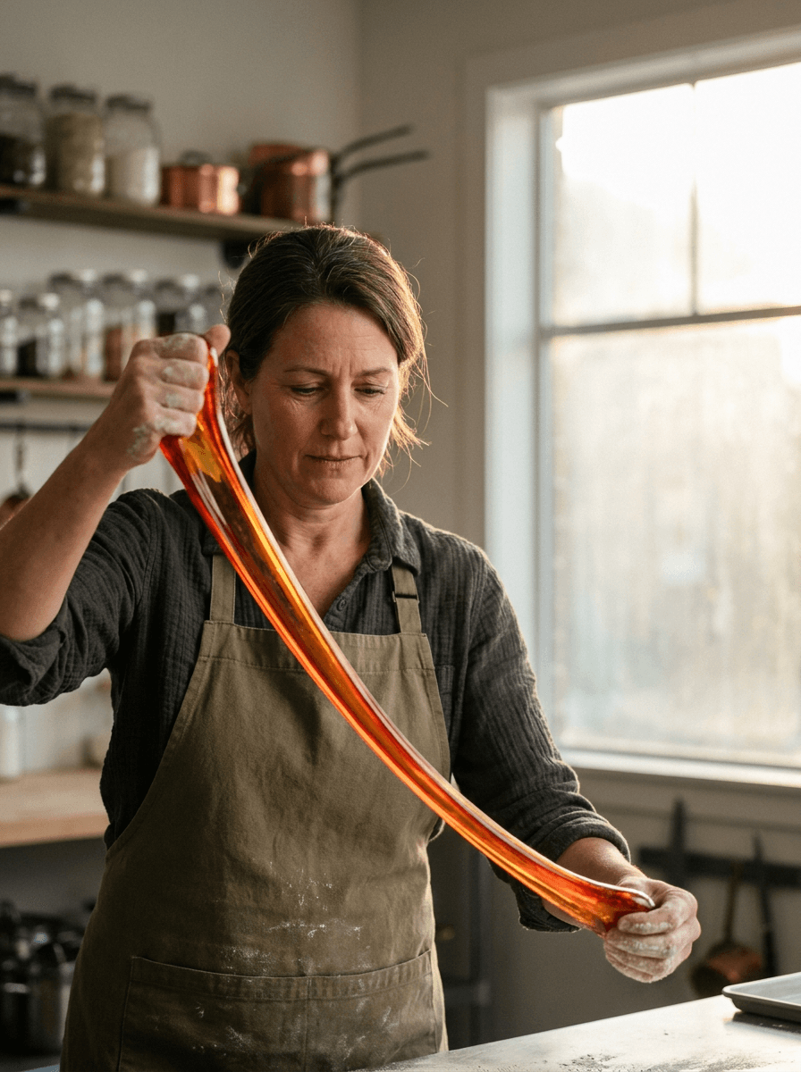 Candy artist pulling molten sugar, a composition brief for Seedance 2.0 Fast