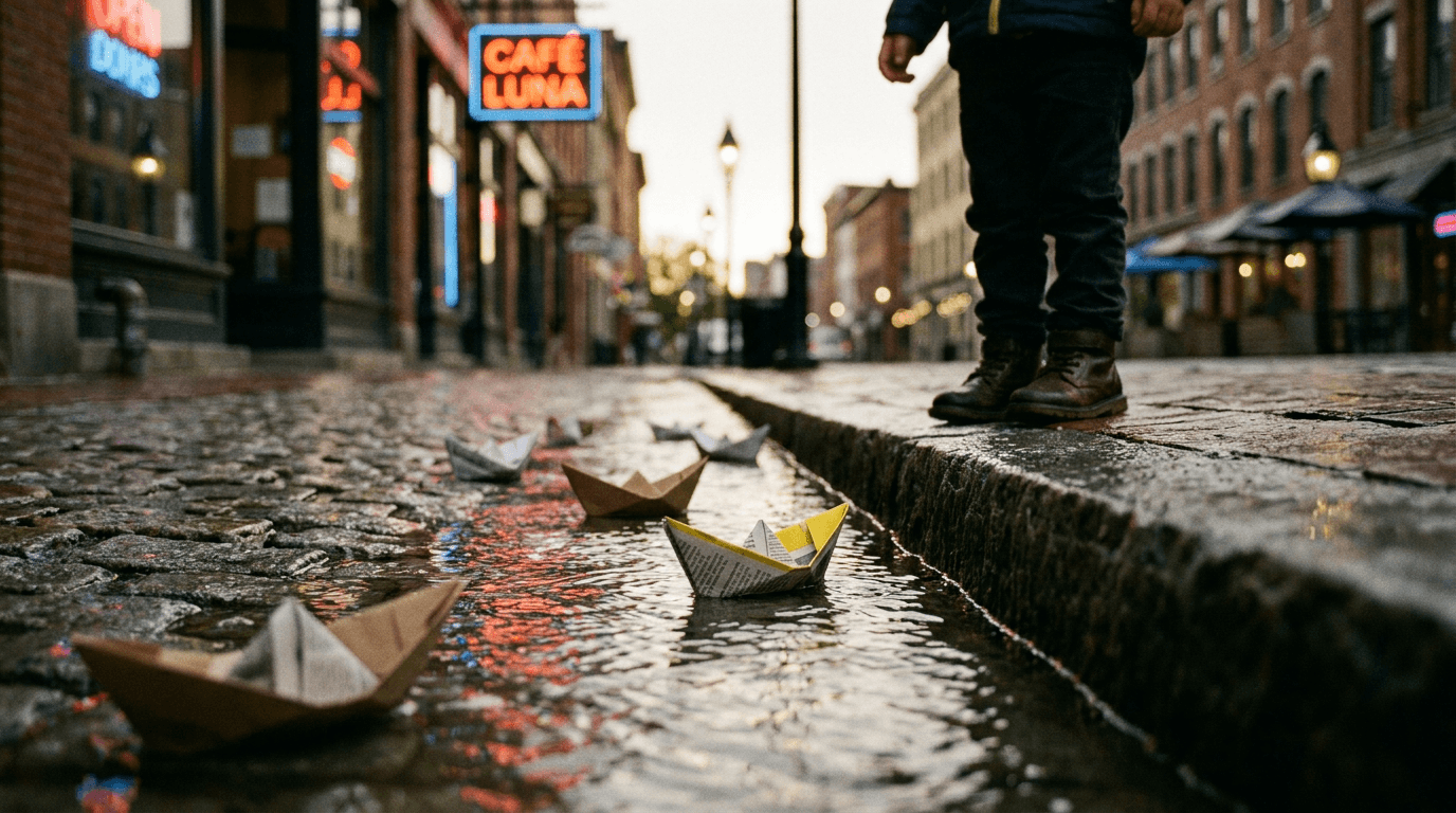 Paper boats in a gutter stream, a Seedance 2.0 Mini scene brief