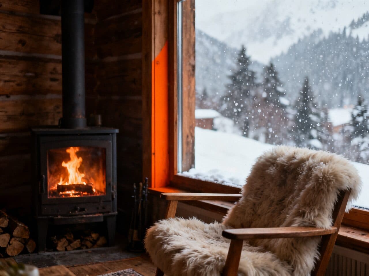alpine cabin interior with a fireplace generated with Seedream 4.0 in Made