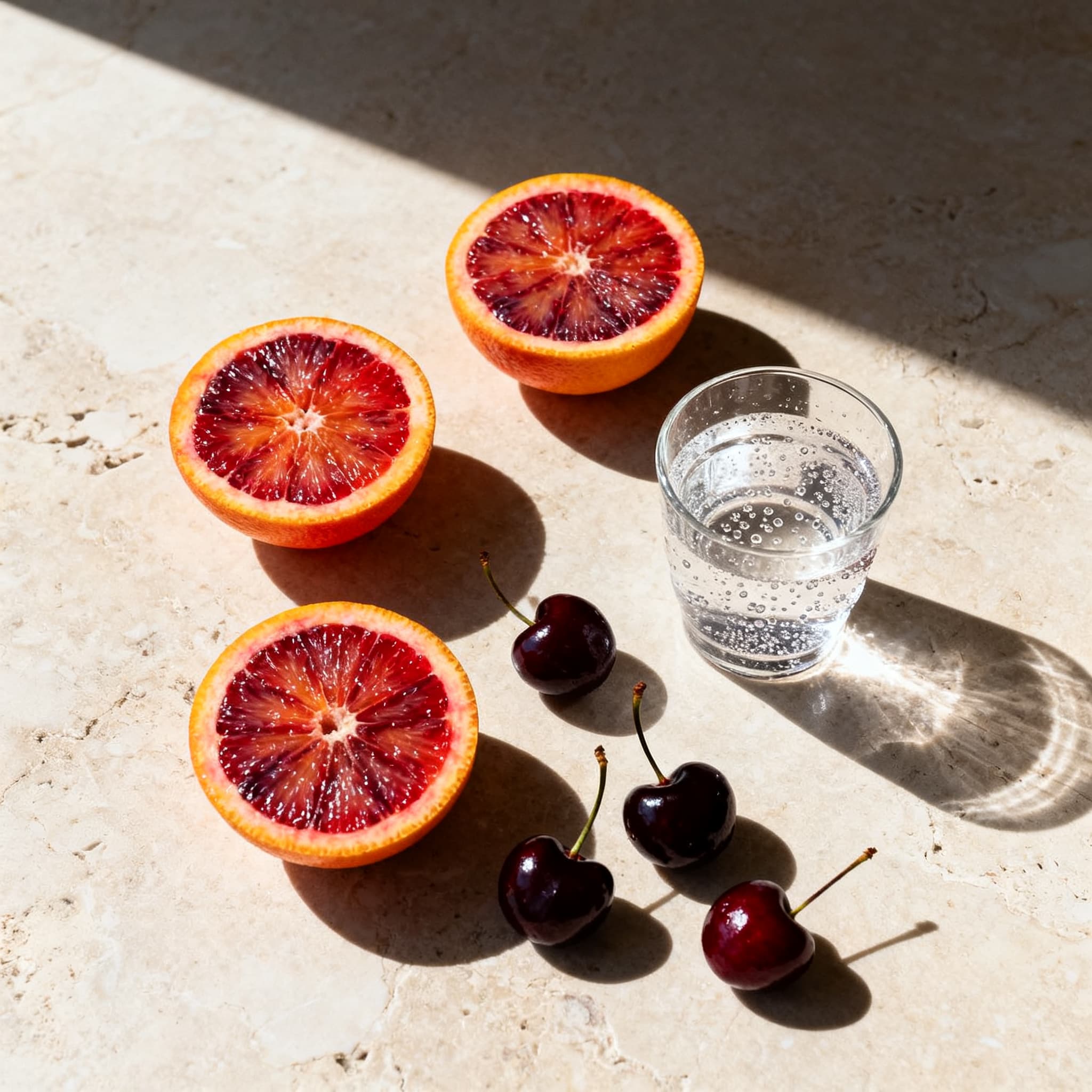 overhead blood orange and cherry still life generated with Seedream 4.0 in Made