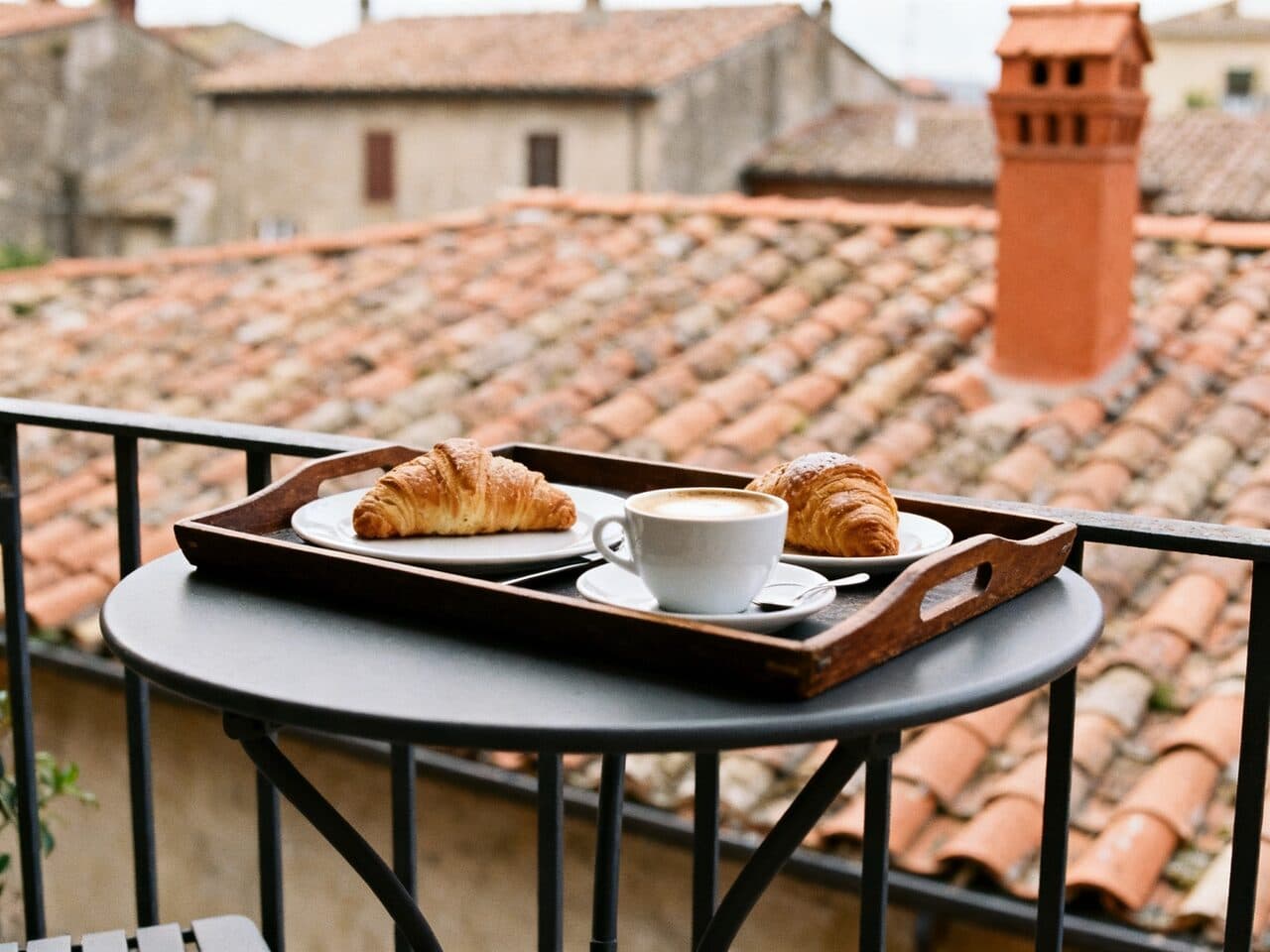 breakfast tray on a balcony over rooftops generated with Seedream 4.0 in Made