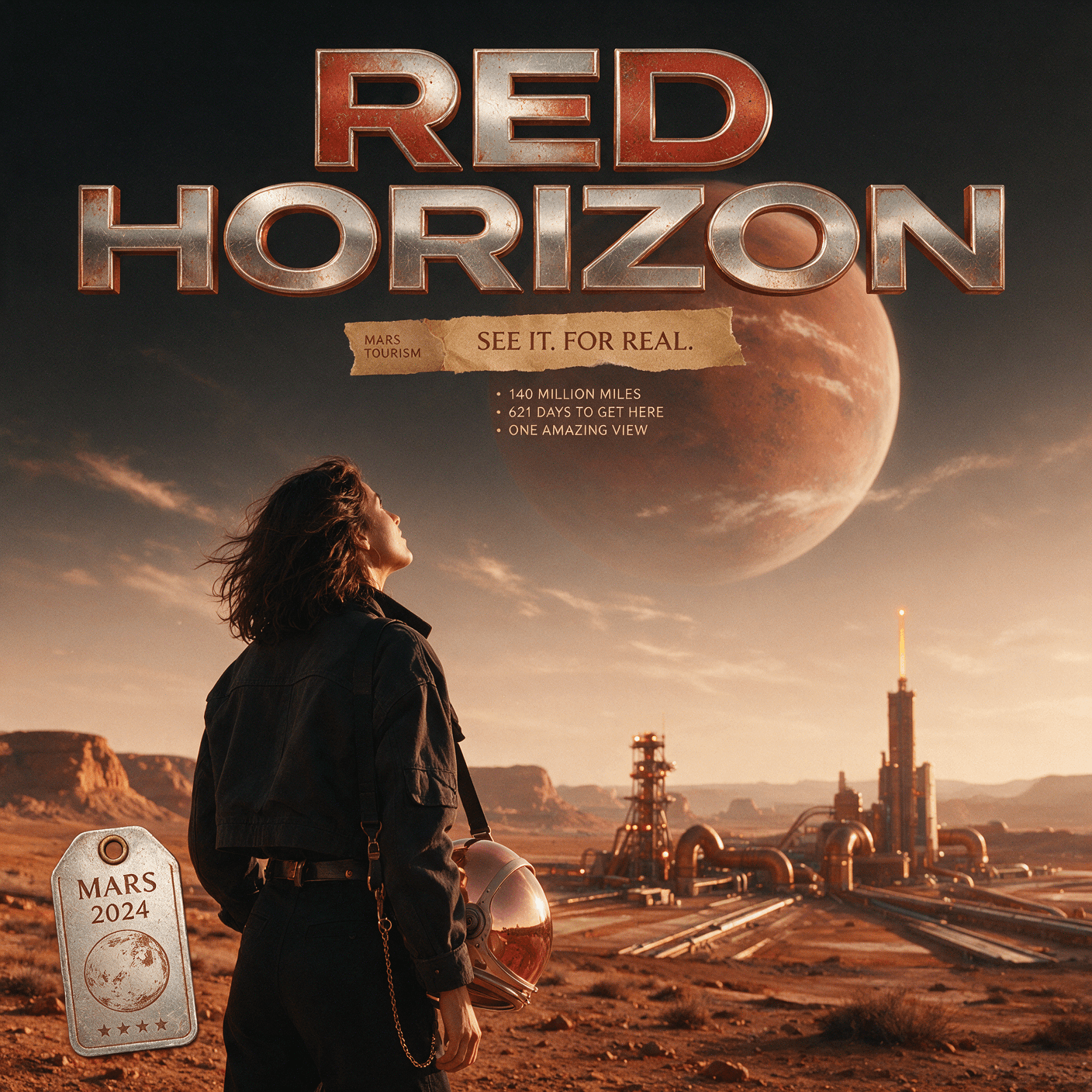 Retro-futurist Mars tourism poster with the headline RED HORIZON generated with Seedream 5 Pro in Made