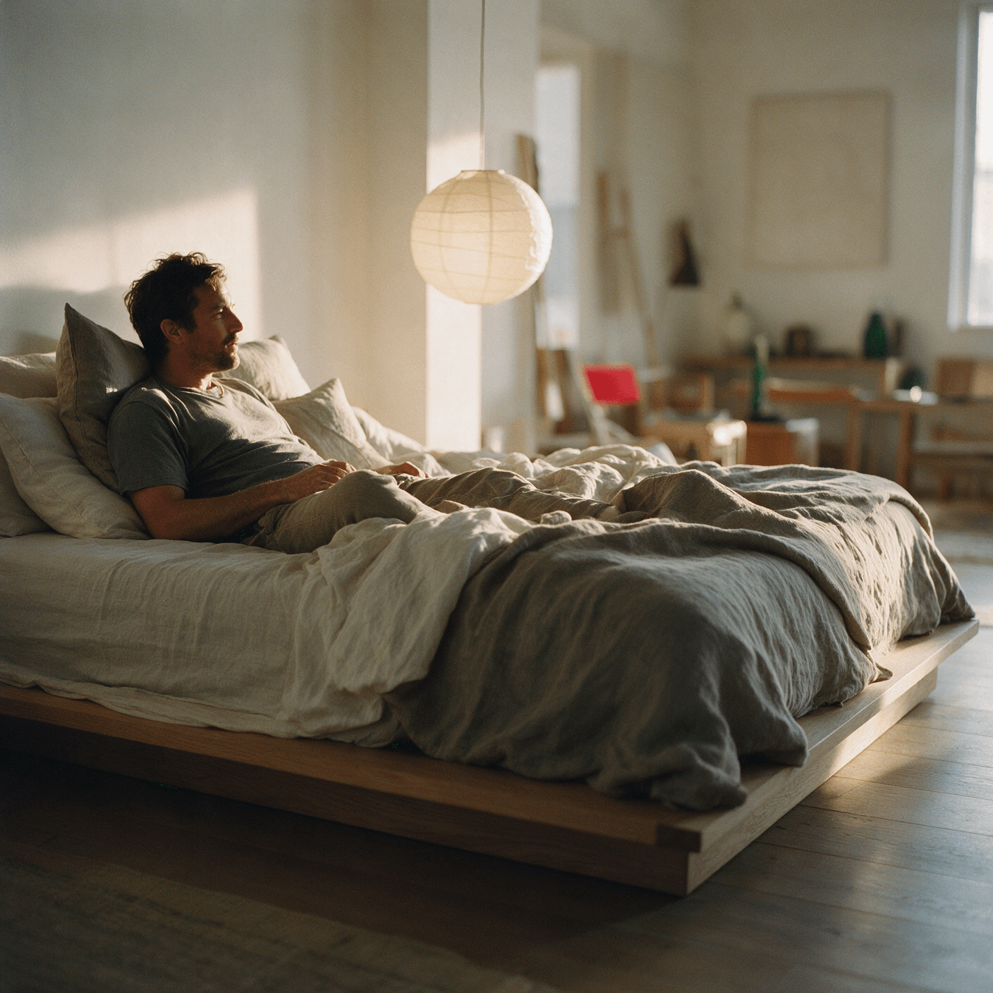 Japandi bedroom with a low oak platform bed and paper lantern generated with Seedream 5 Pro in Made