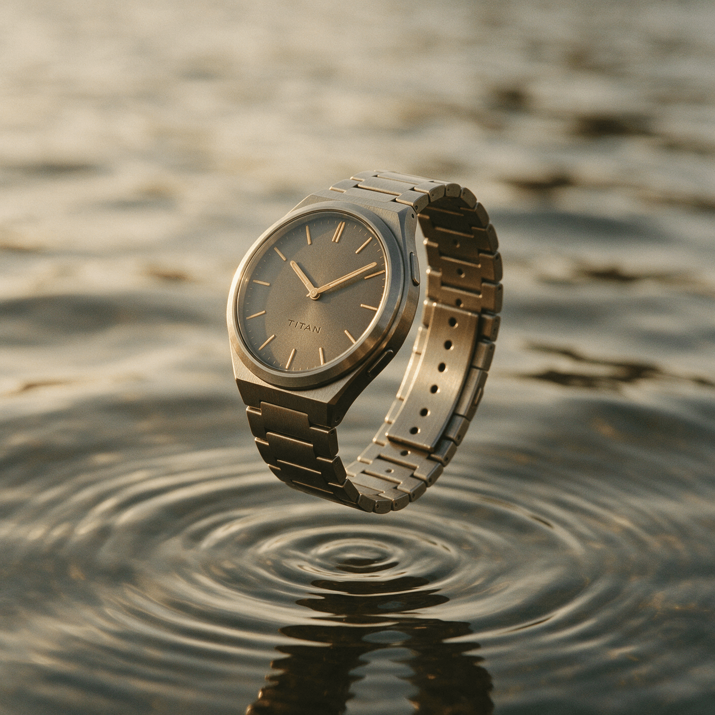 Brushed titanium smartwatch floating over rippling water generated with Seedream 5 Pro in Made