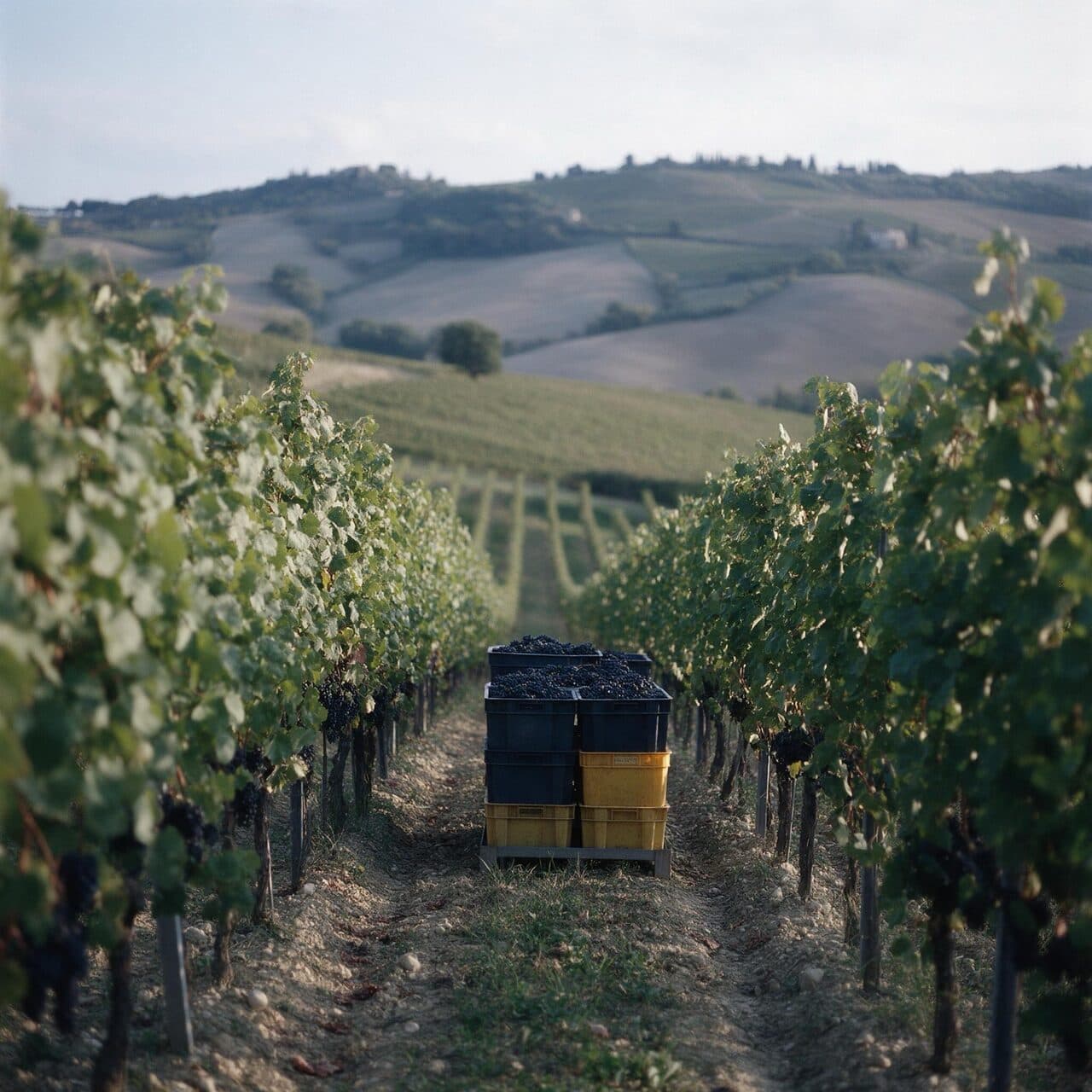 vineyard rows at harvest with grape crates generated with Seedream 5 Pro in Made