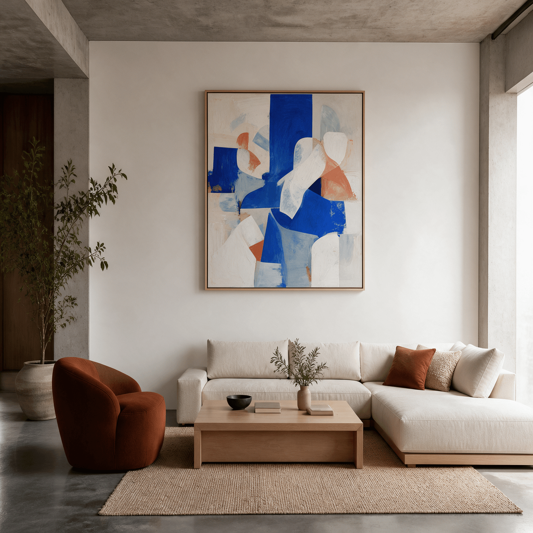 living room with an abstract painting added to the wall with Seedream 5 Pro Edit in Made