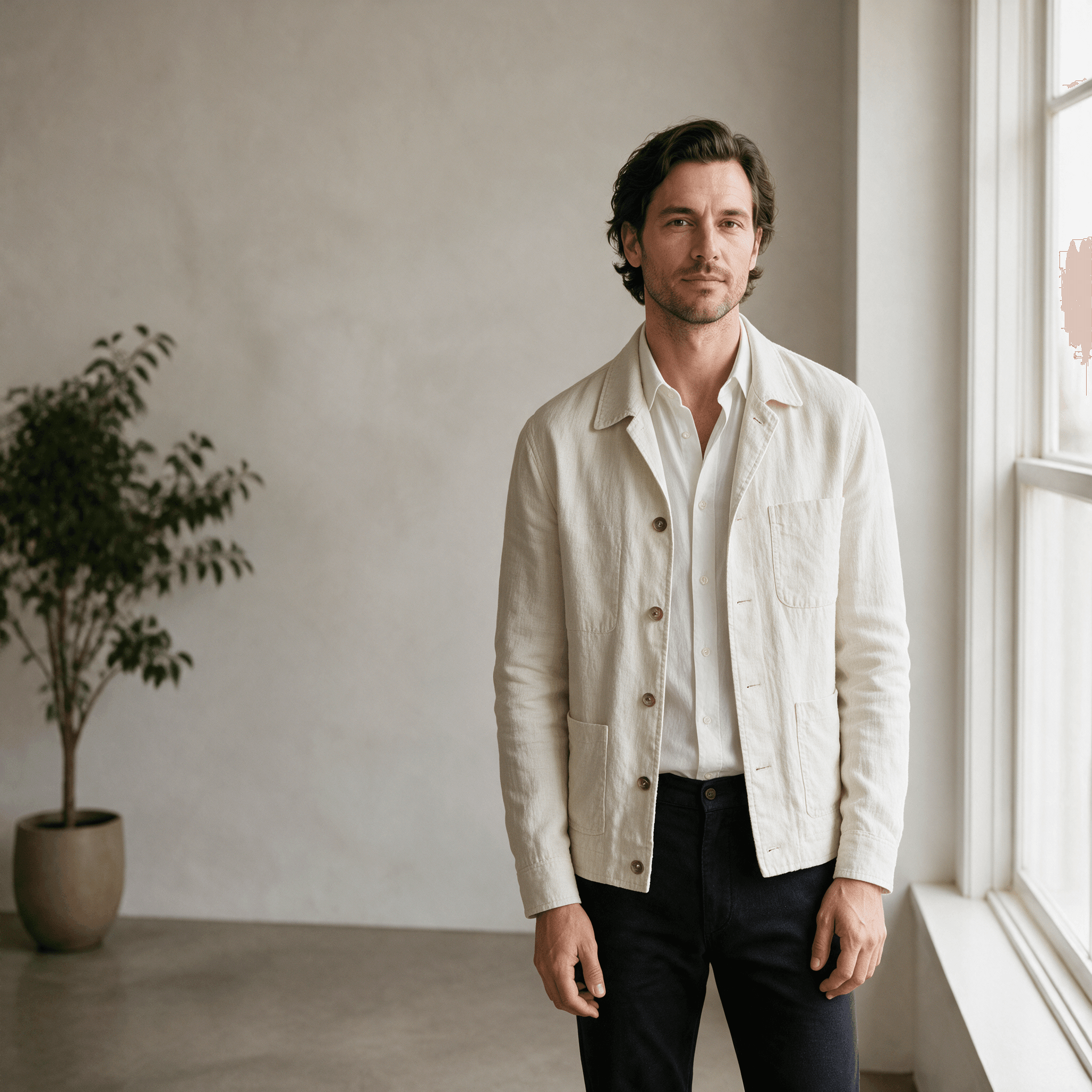 portrait subject wearing a new ivory linen jacket with Seedream 5 Pro Edit in Made