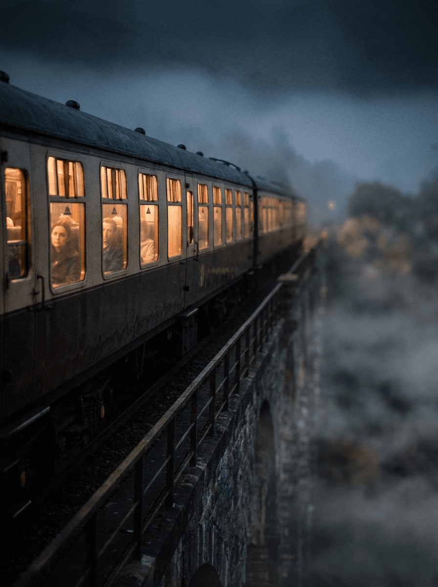 Night train on a fog-wrapped viaduct, a Veo 3.1 scene brief