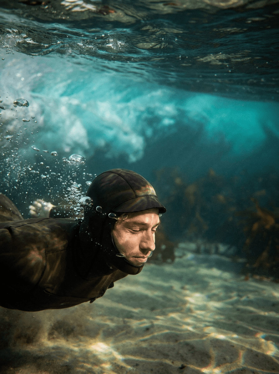Surfer under a turquoise wave, a composition brief for Veo 3.1