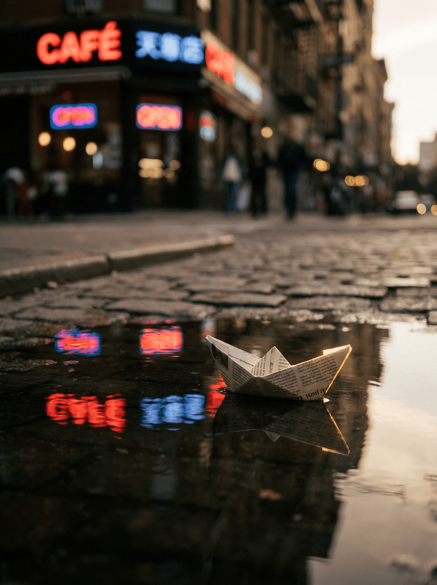 Paper boat on a neon-reflecting puddle, a still used as a Veo 3.1 Lite start frame