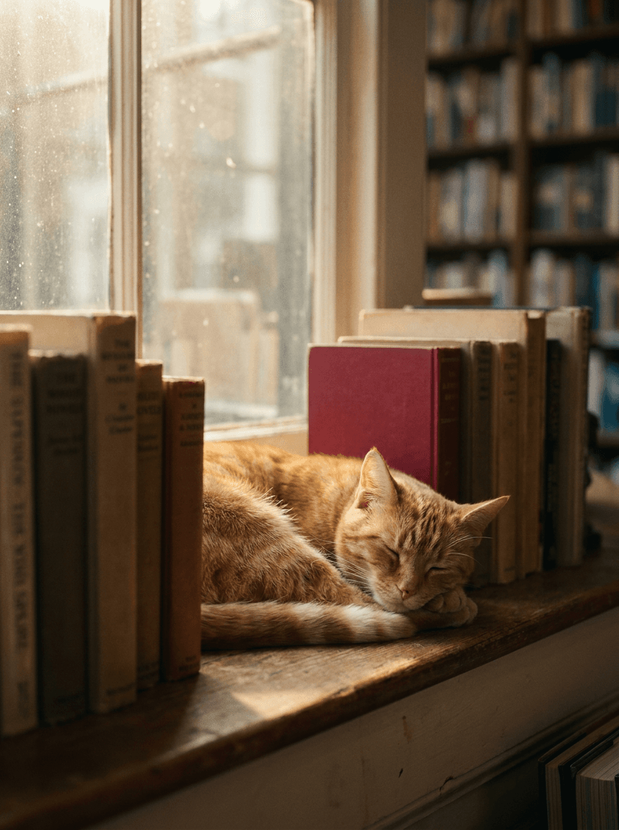 Cat asleep on a bookshop windowsill, a Veo 3.1 Lite scene brief