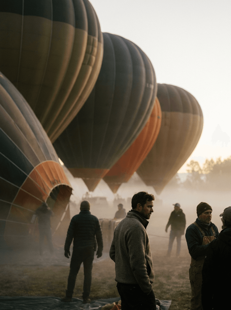 Hot air balloons inflating in a misty valley, a composition brief for Veo 3.1 Lite