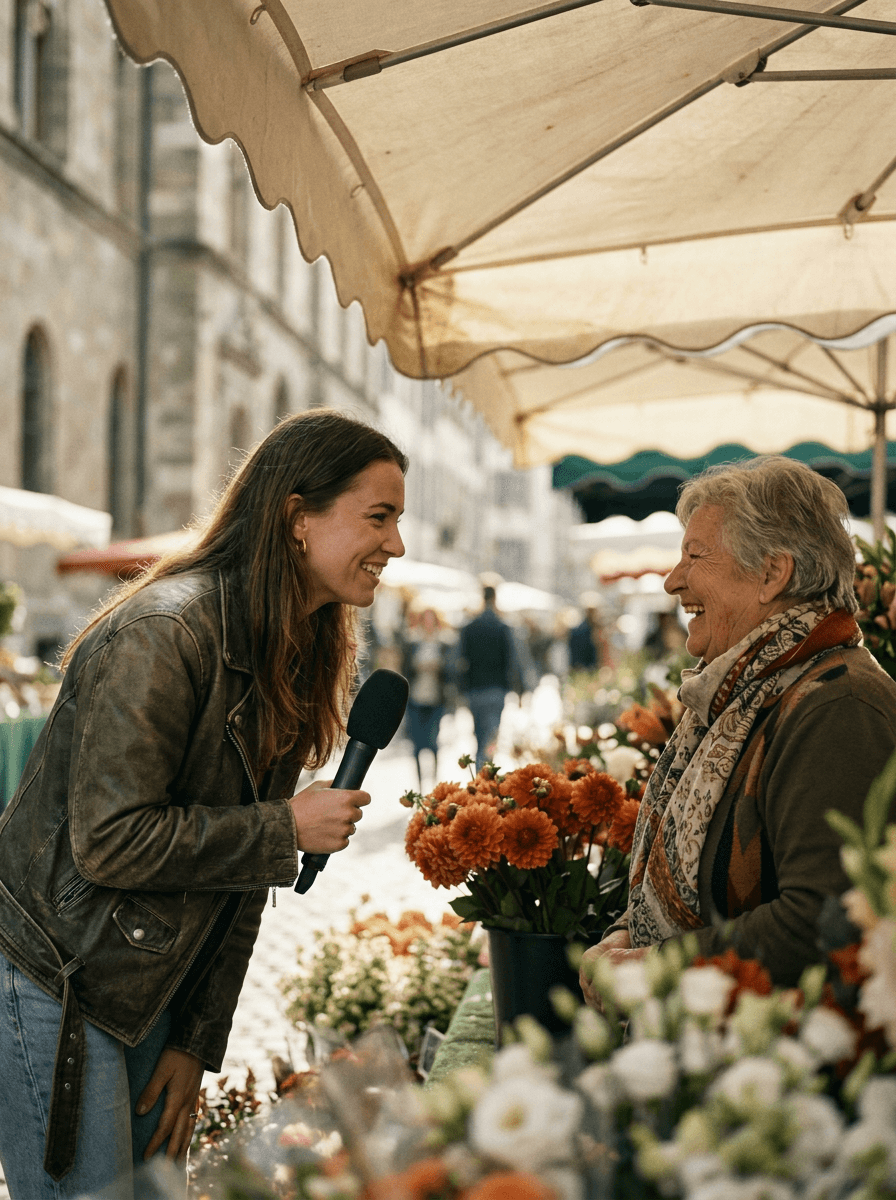 Reporter and flower vendor, a Veo 3.1 Native Dialogue scene brief