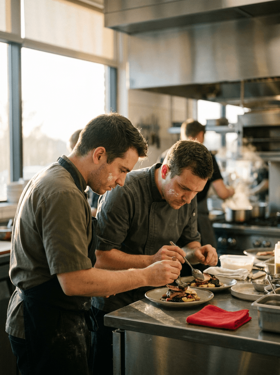 Two cooks plating in an open kitchen, a composition brief for Veo 3.1 Native Dialogue