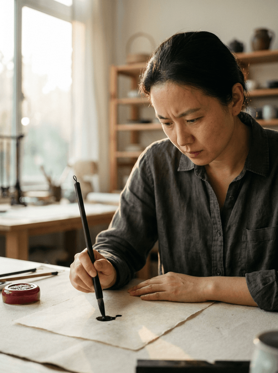 Calligrapher touching brush to paper, a still used as a WAN 2.7 start frame