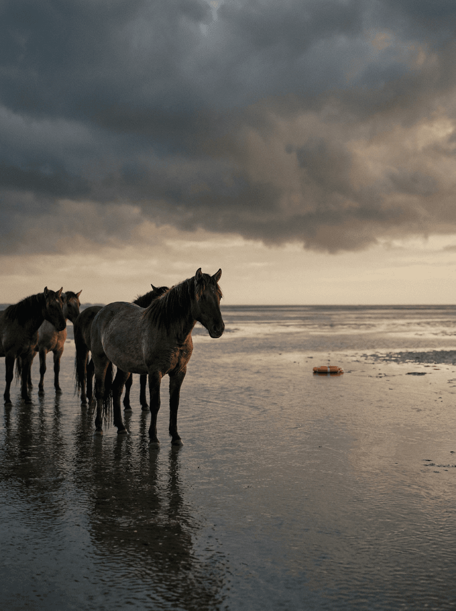 Wild horses in shallow tidal flats under a storm sky, a WAN 2.7 scene brief
