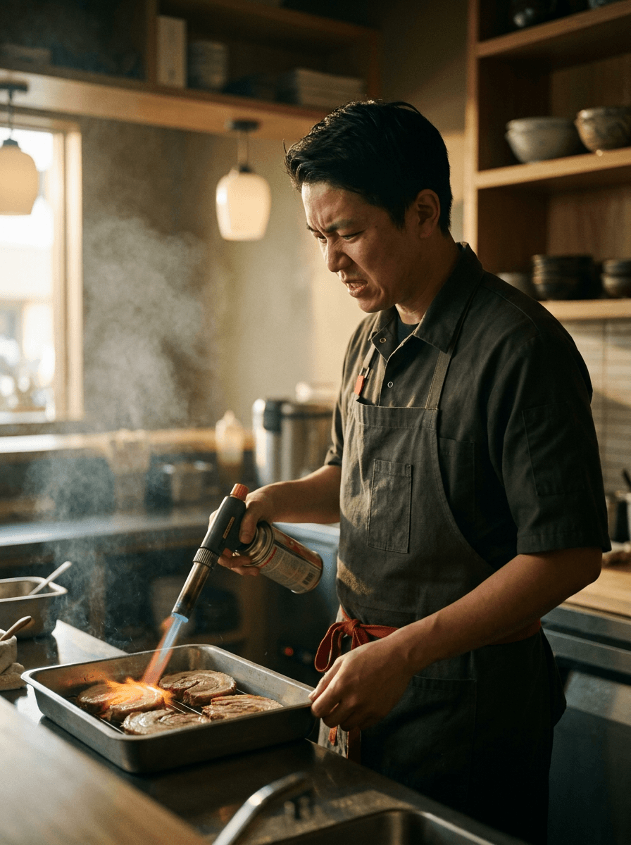 Ramen chef with a blowtorch at a dark counter, a composition brief for WAN 2.7