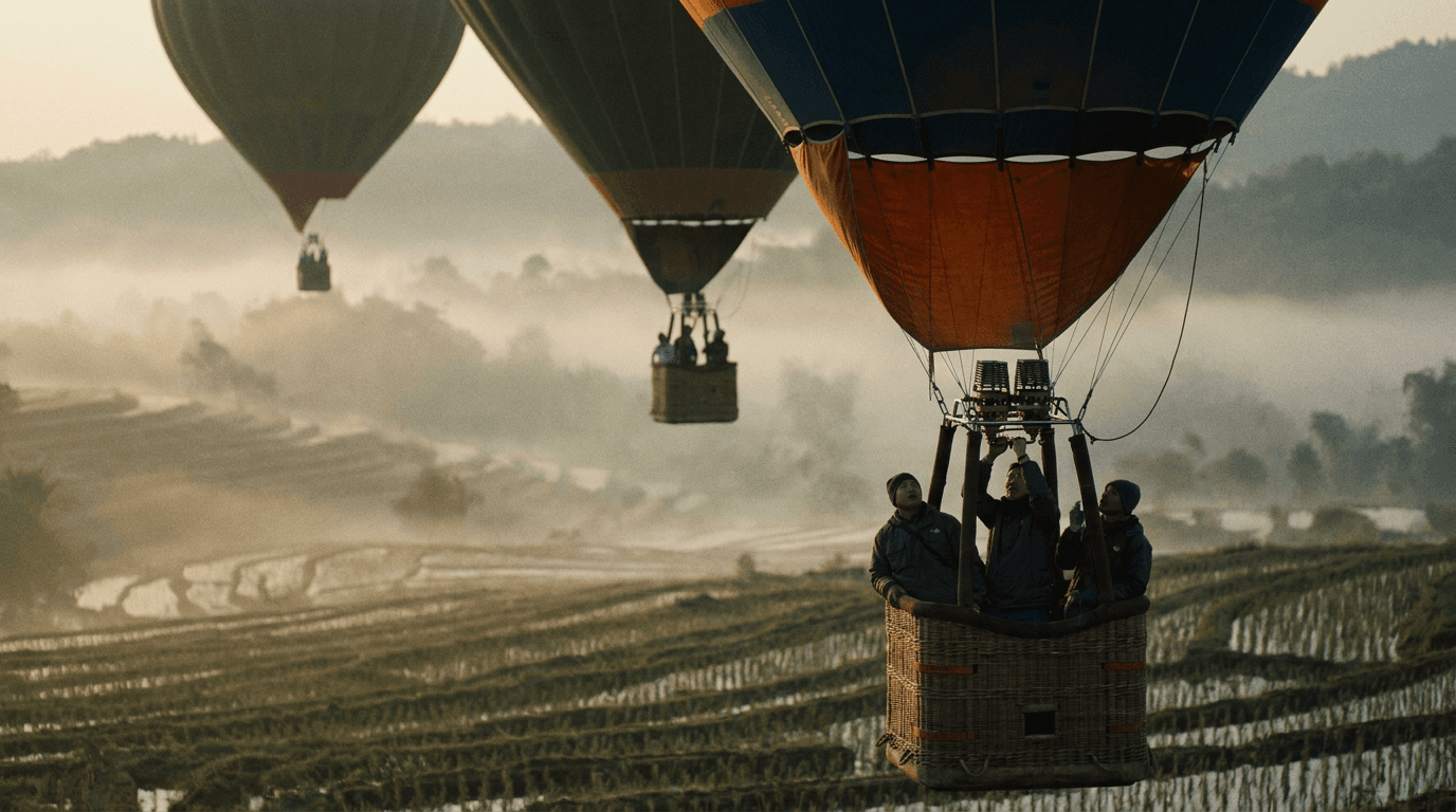 Balloons over terraced fields, a WAN 3.0 scene brief