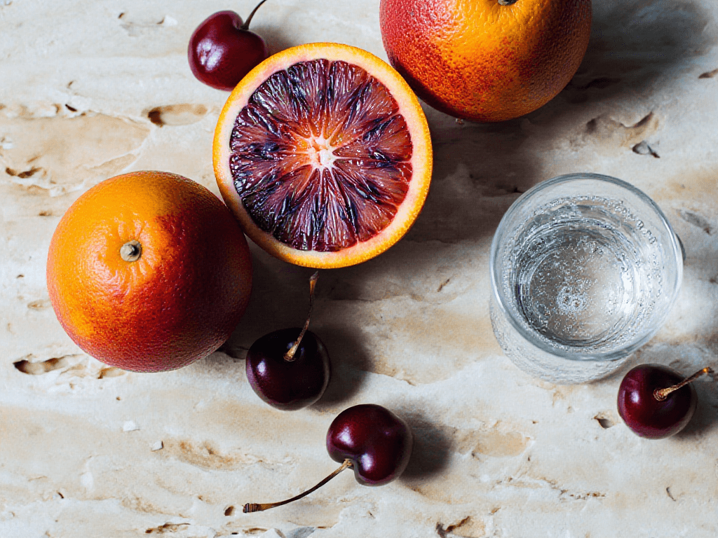 overhead blood orange and cherry still life generated with Z Image in Made