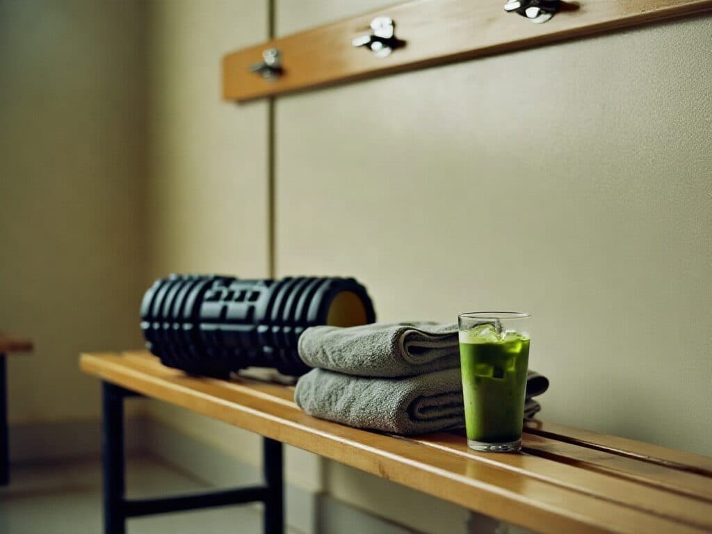 foam roller and matcha on a bench generated with Z Image in Made