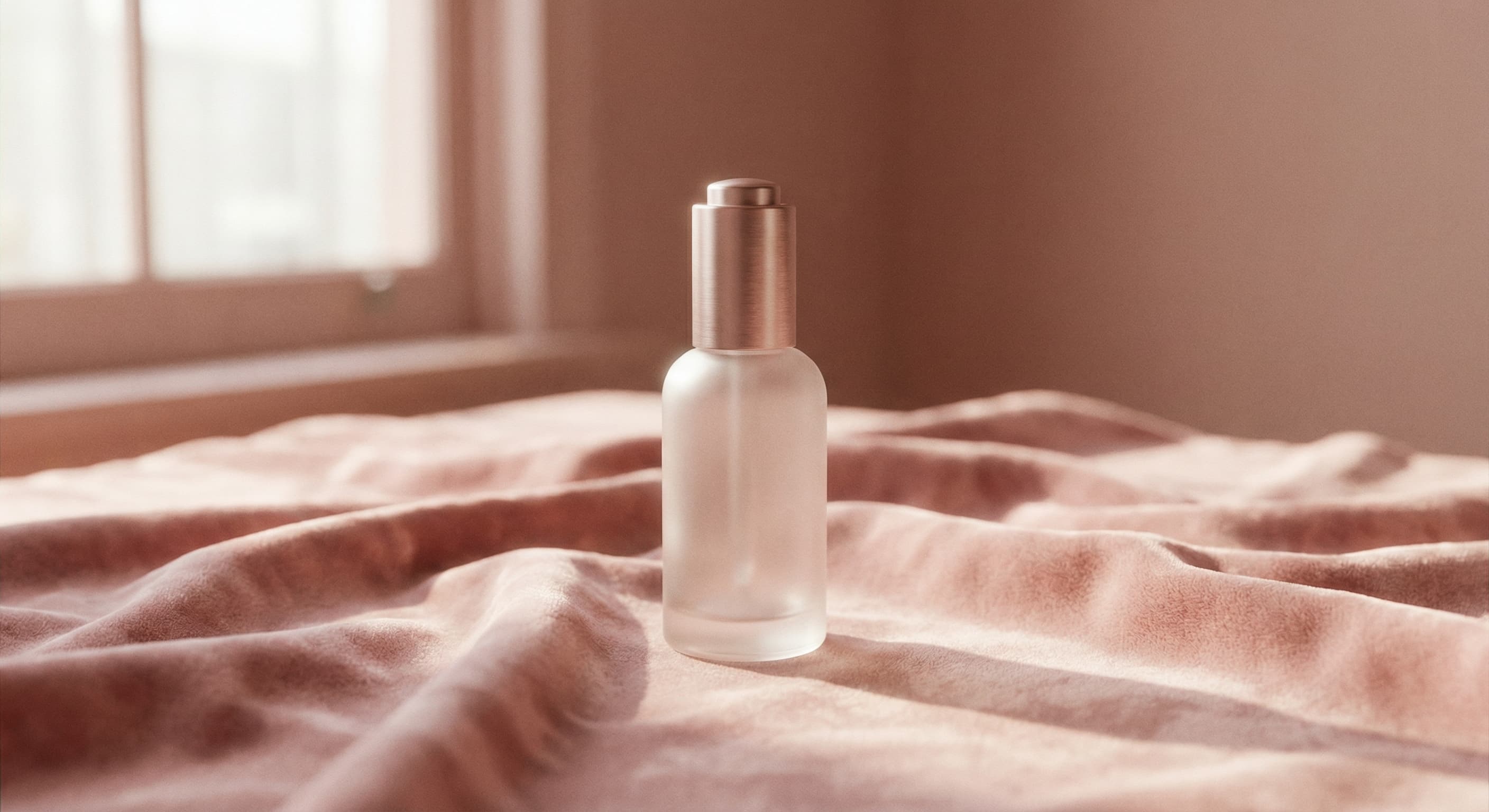 Skincare bottle on soft rose fabric created with Made