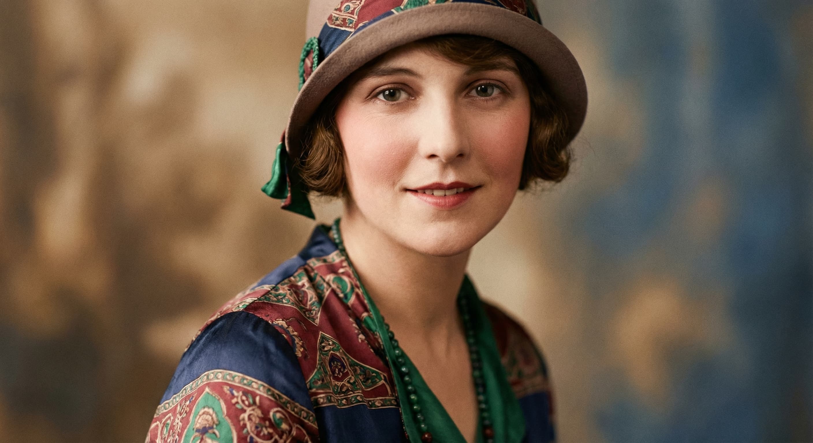 Faded old print of a woman restored to full color