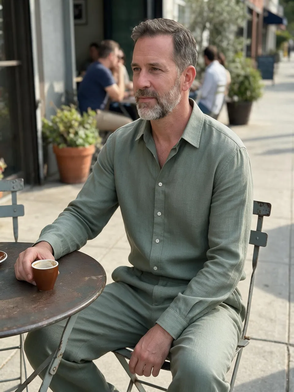 Bearded man at a café table wearing a sage-green linen shirt and matching trousers