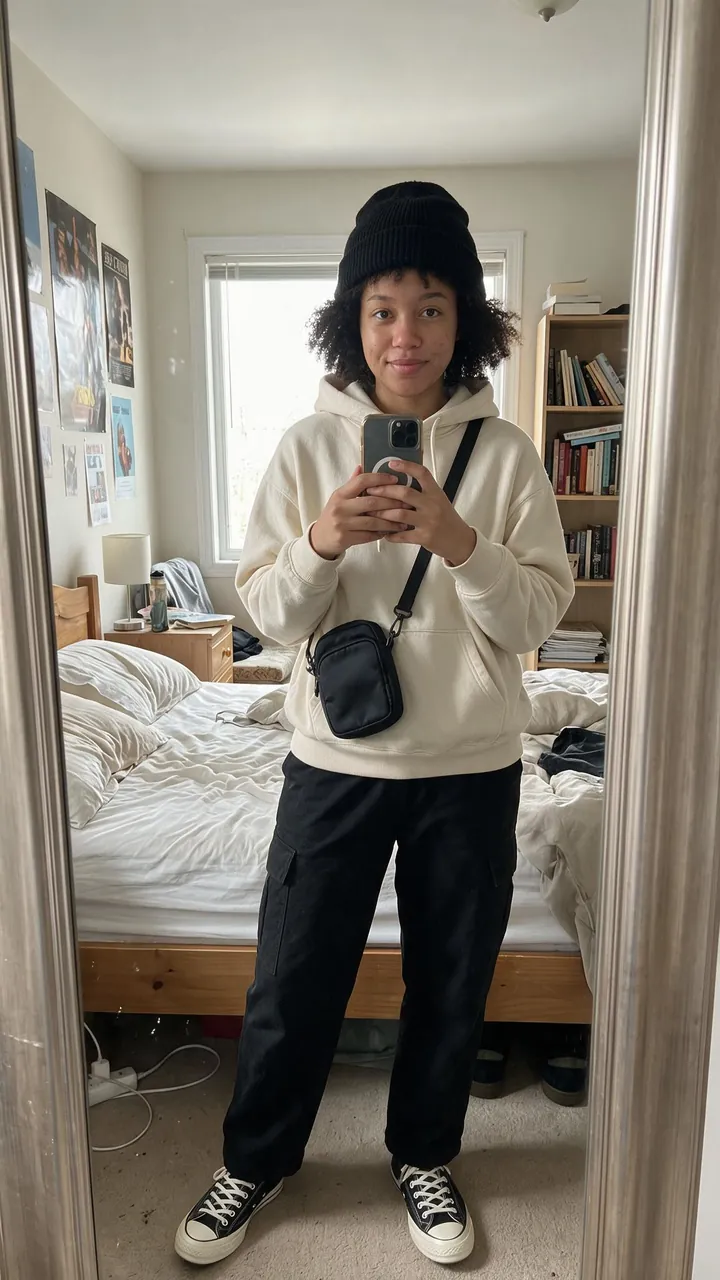 Mirror selfie of a woman wearing a cream hoodie, black cargo pants, beanie, and crossbody bag