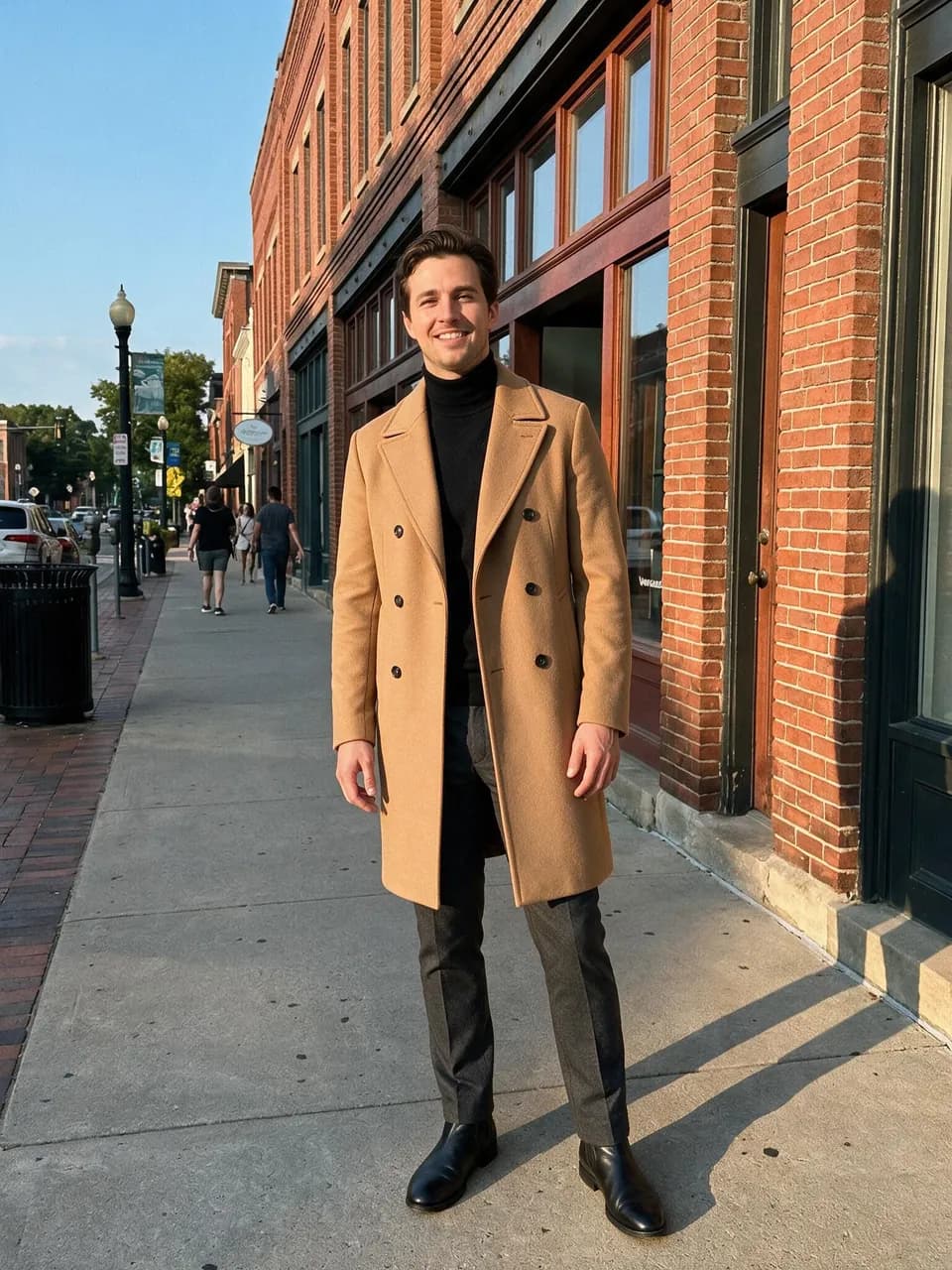 Man on a brick sidewalk wearing a camel trench coat, black turtleneck, and charcoal trousers