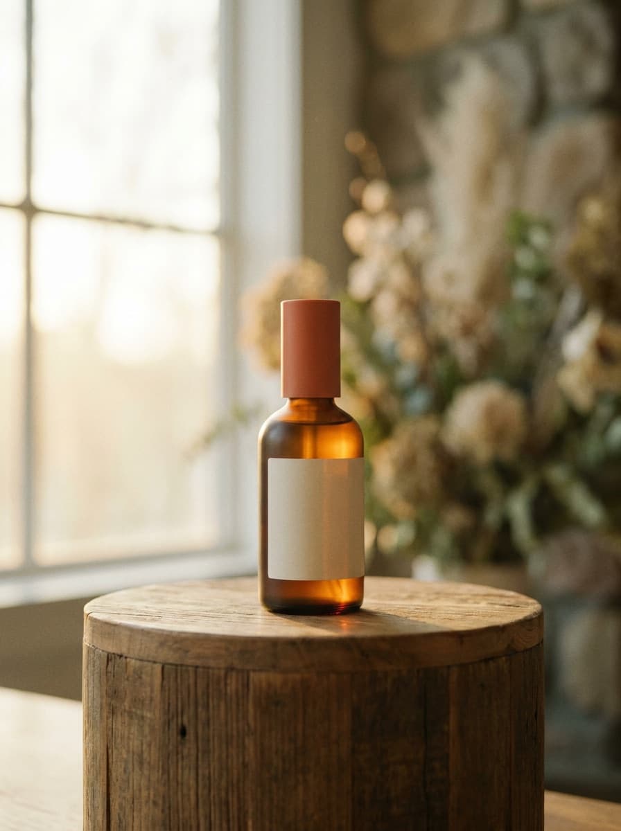 Skincare bottle staged for a rotating showcase clip