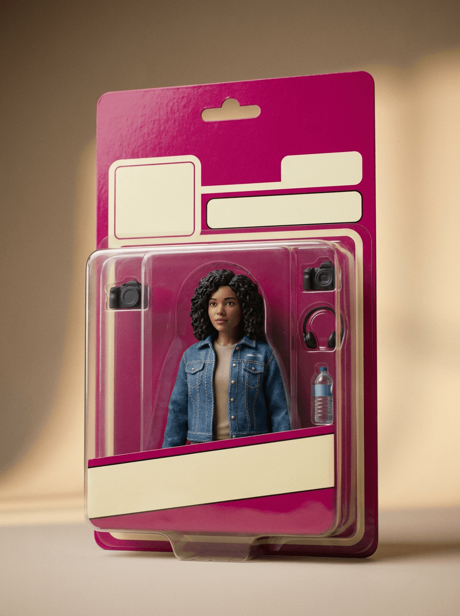 Person rendered as an action figure sealed in a retail blister pack with accessories