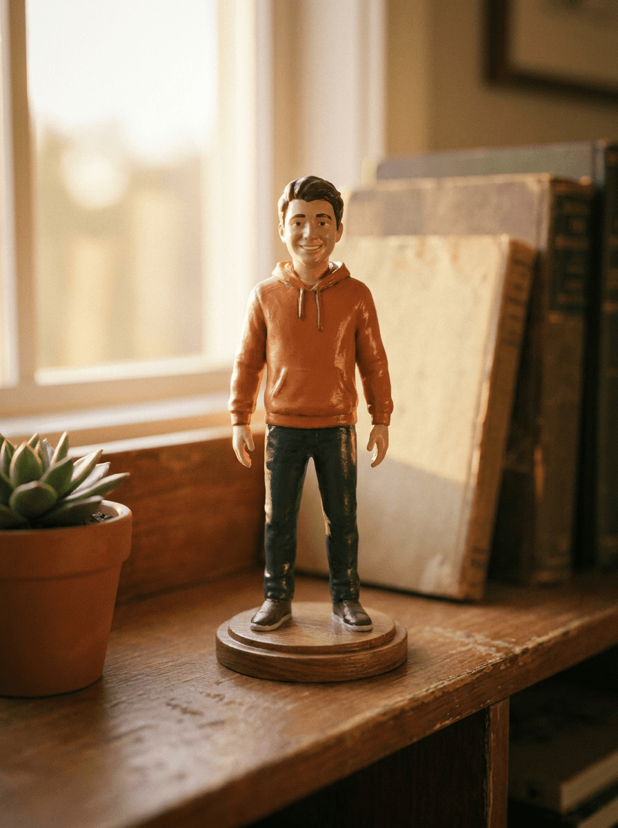 Painted collectible figurine of a person standing on a desk shelf
