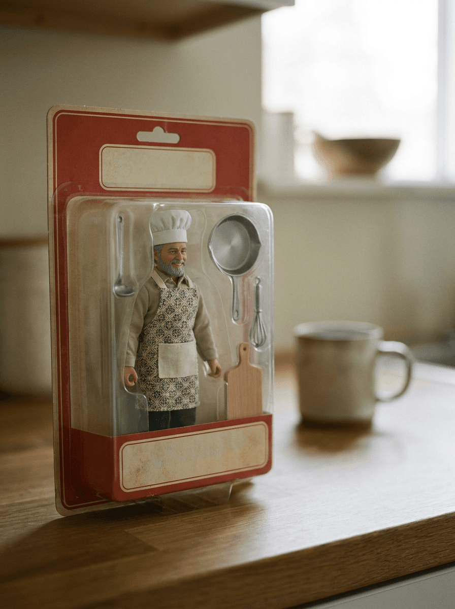 Action figure of a home cook boxed with miniature kitchen accessories