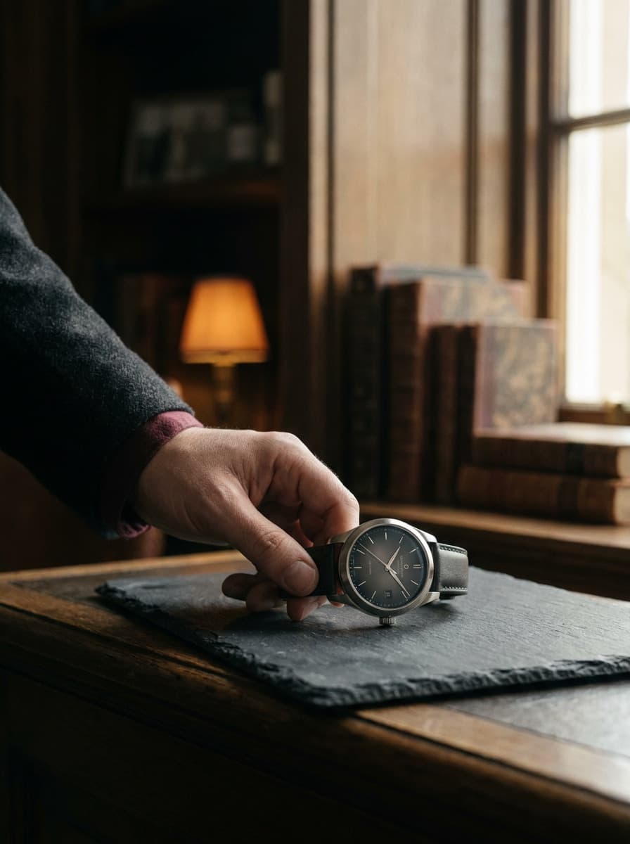 Watch presented in a premium dark advertising composition