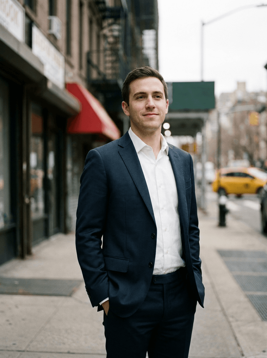 Portrait of a person re-dressed in a tailored suit with the original background intact