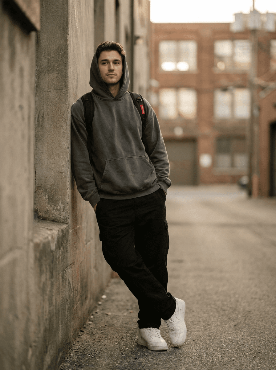 Subject re-dressed in a streetwear outfit while the pose and street background stay the same