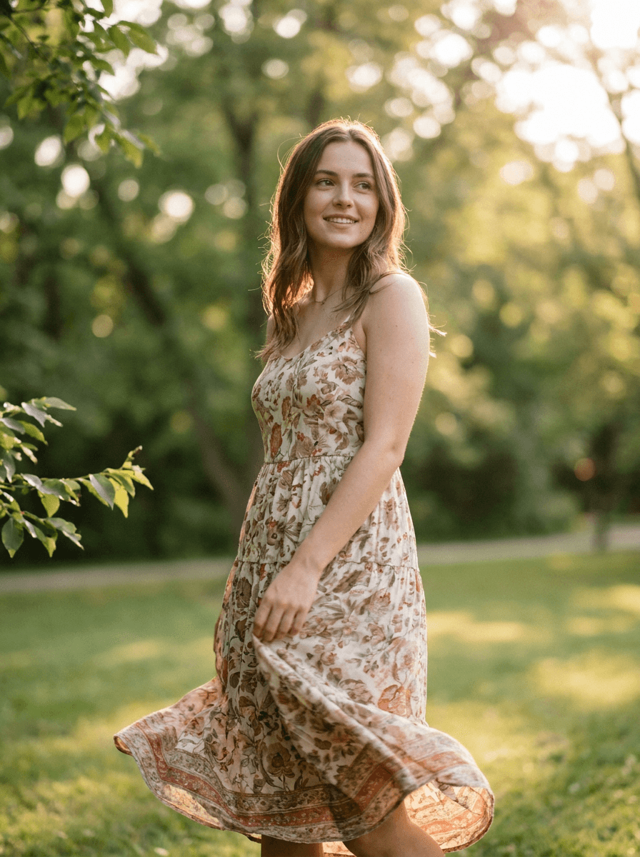 Photo where the subject’s outfit was changed to a summer dress, same pose and setting
