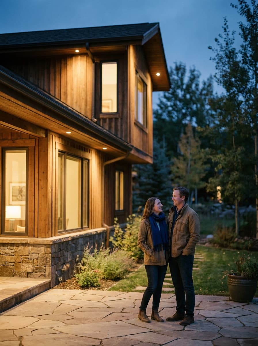 Home exterior shown at dusk with warm architectural lighting