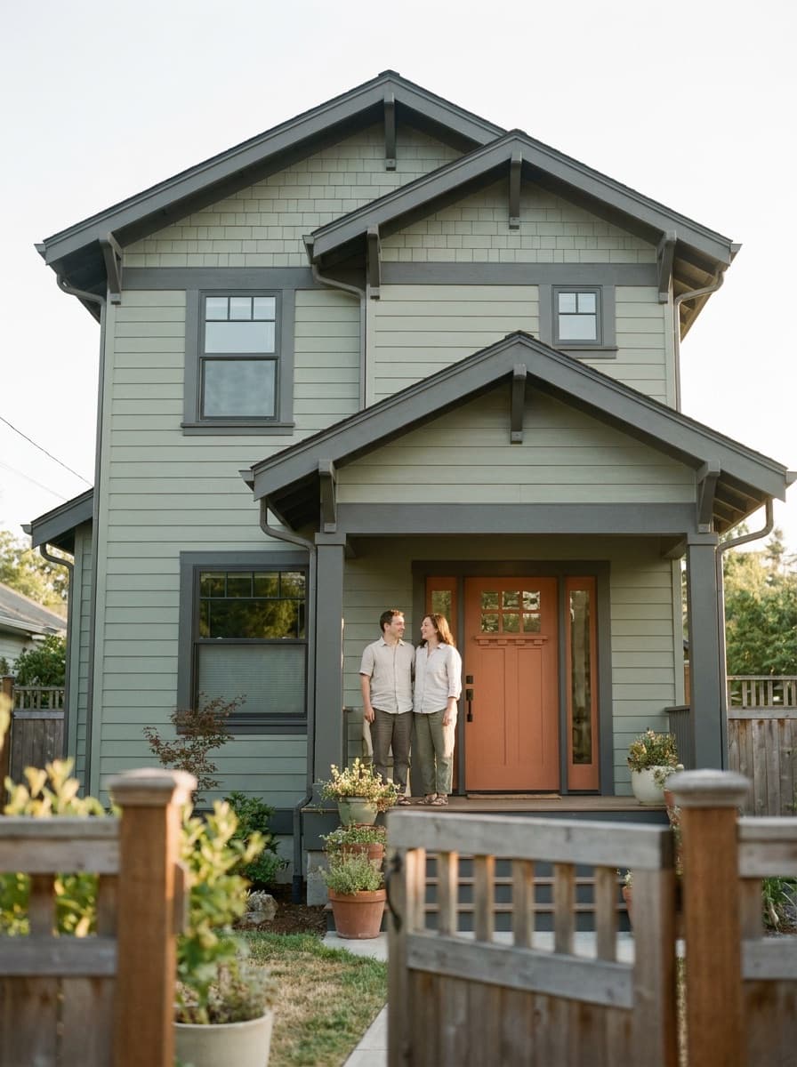 House shown with new paint color and siding
