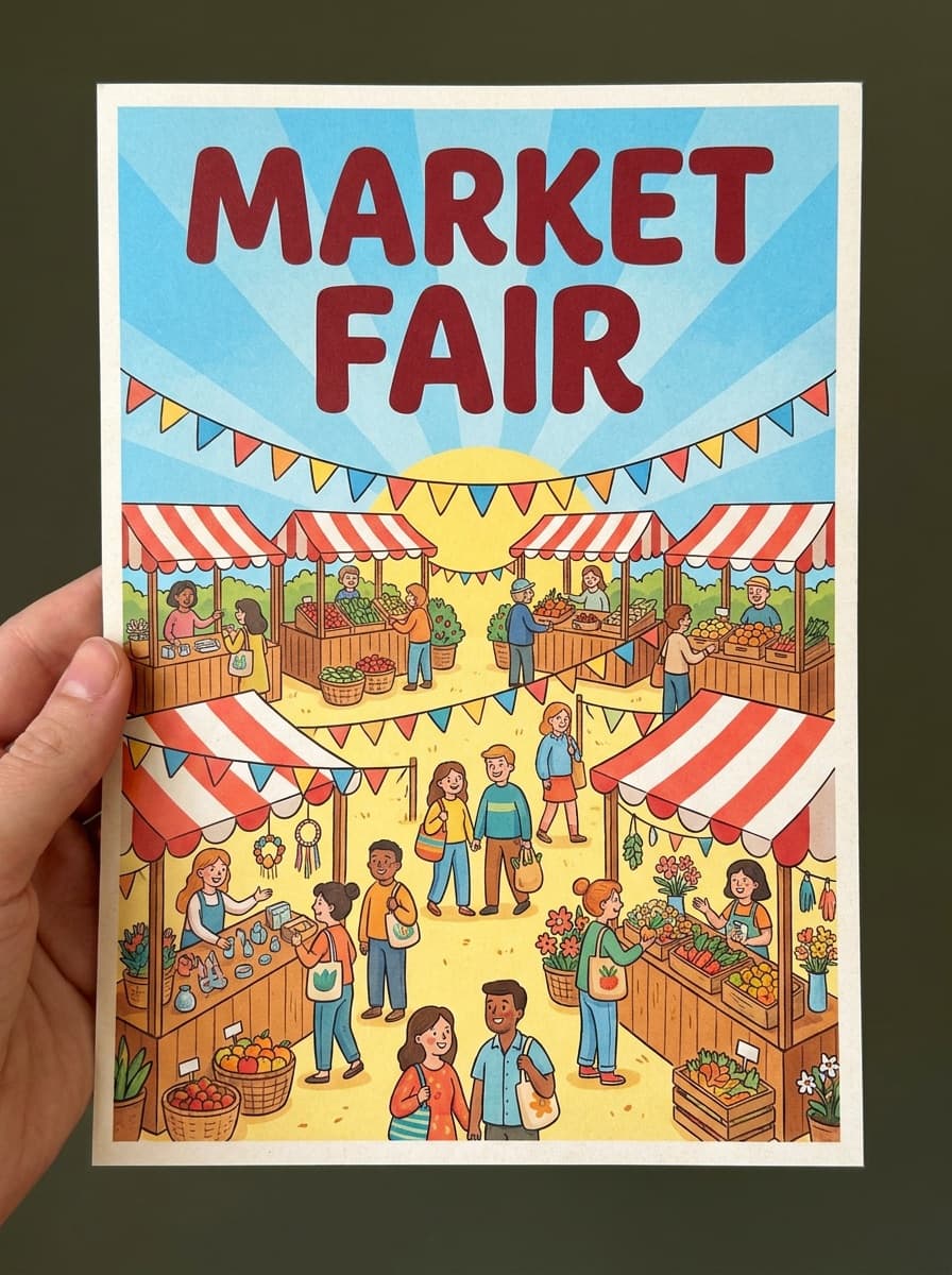 Cheerful weekend market flyer design with illustrated stalls and bold title