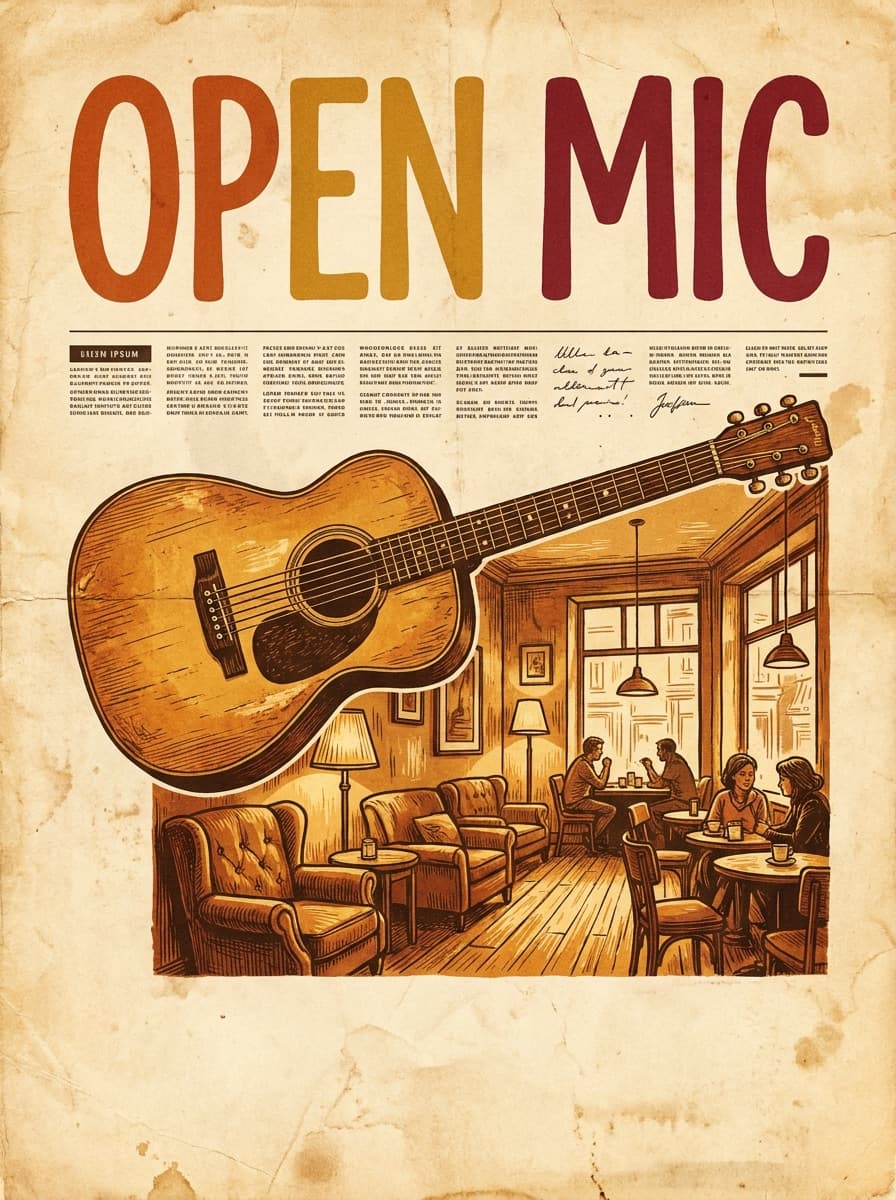 Vintage-style open mic flyer design with hand-lettered title and cafe illustration
