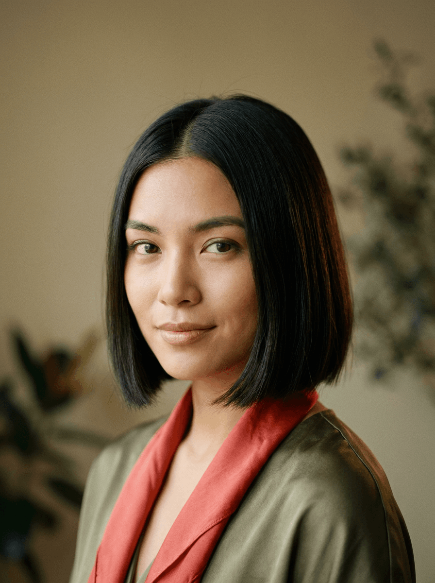 Portrait showing the subject with a new chin-length bob, same face and background