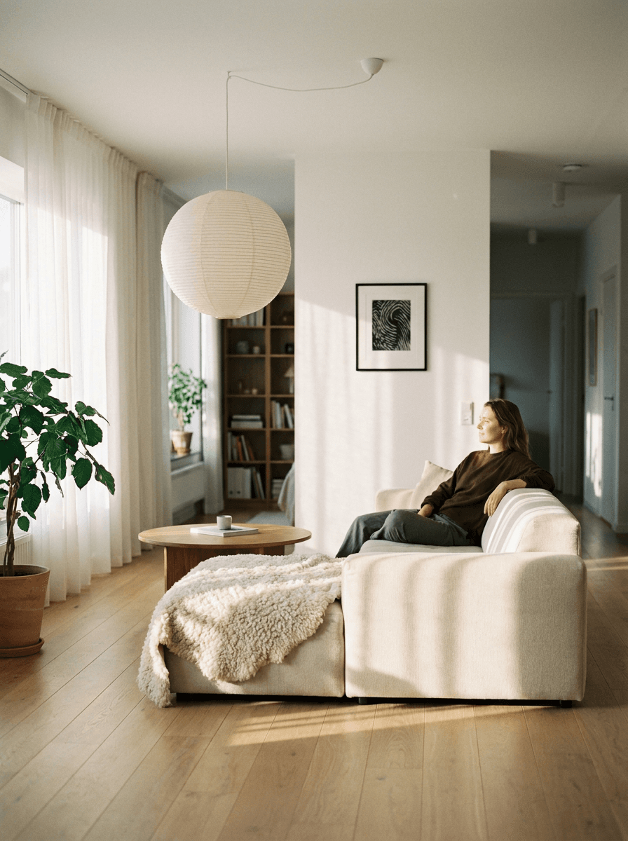 Living room redesigned in a bright Scandinavian style with light wood and minimal furniture