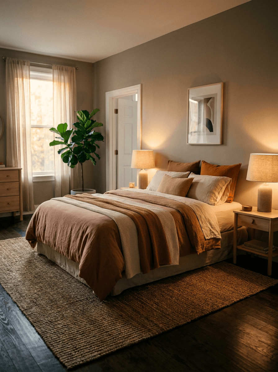 Previously empty room staged as a warm, furnished bedroom