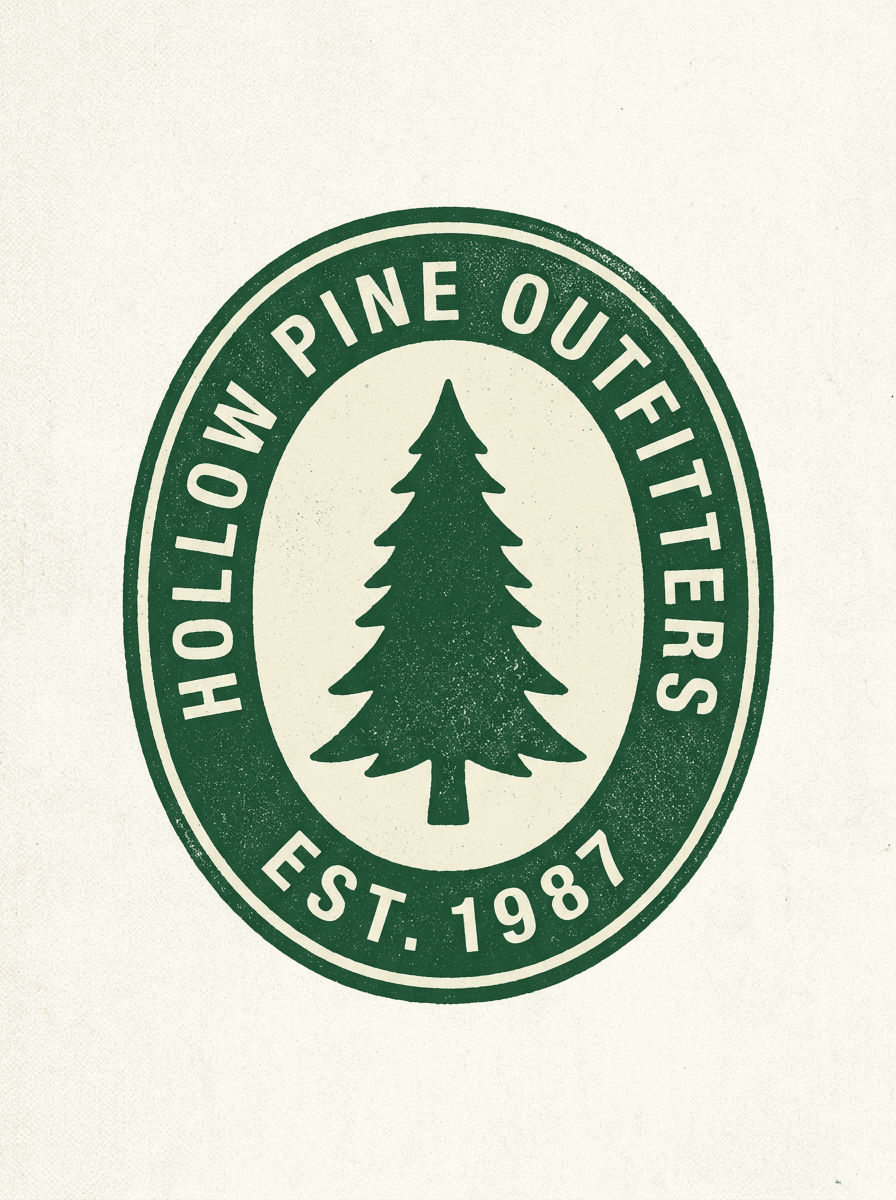 Circular vintage badge logo with a pine tree and text around the rim on an off-white background
