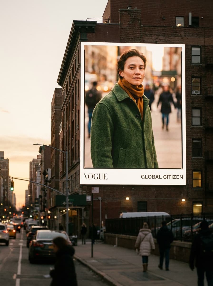 Campaign visual placed on a city billboard at dusk